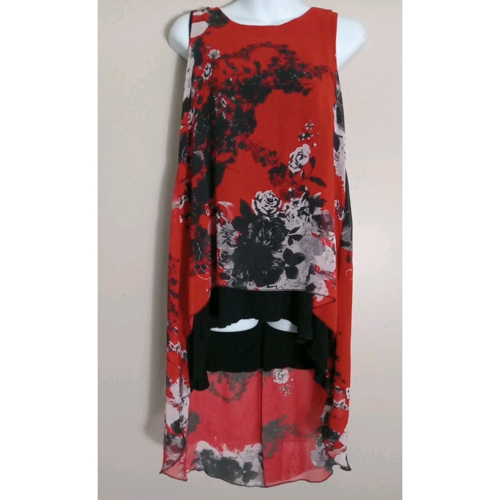 patrizia luca Red Sheer Floral‎ Black Lined High Low Sleeveless Top Size S
